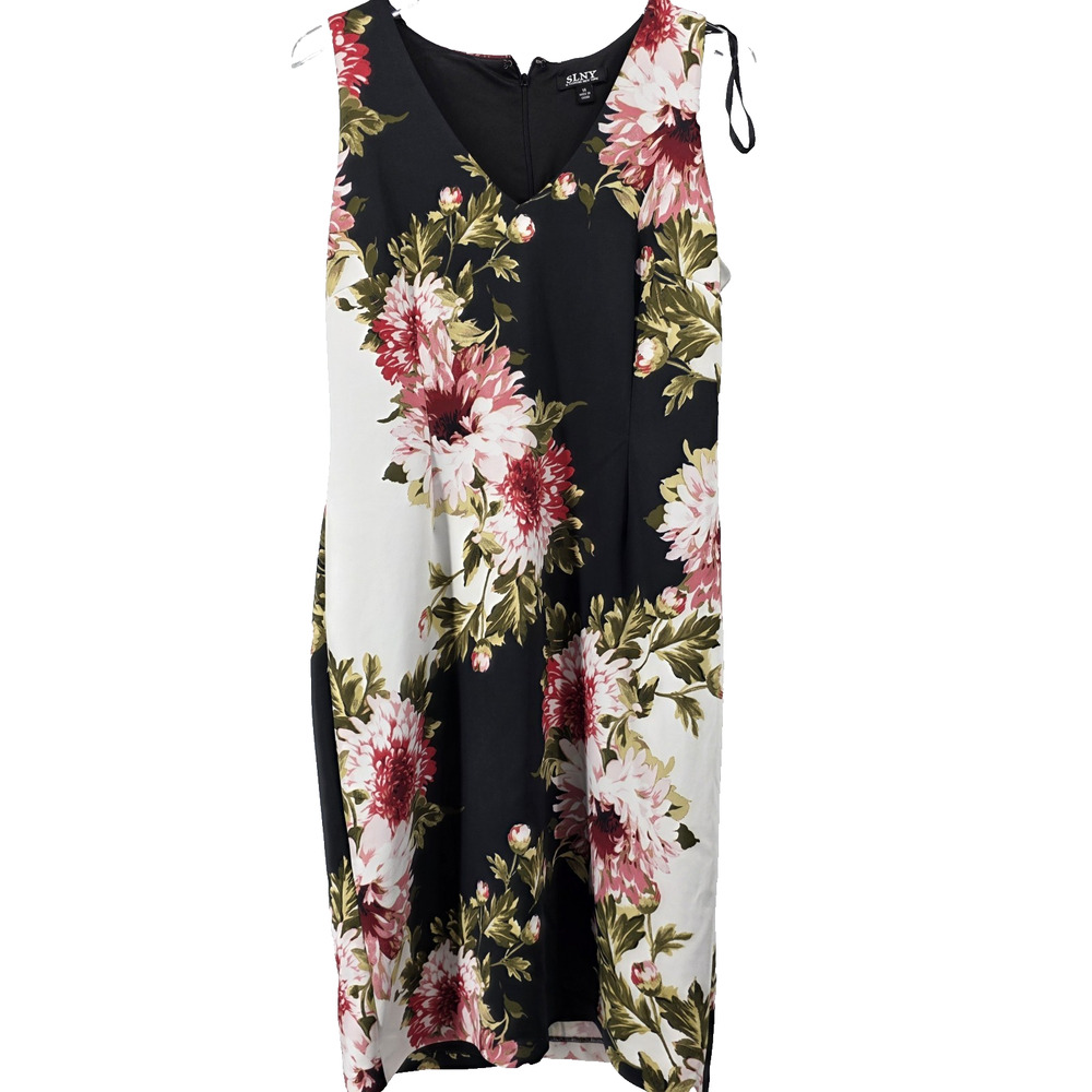 SLNY Sheath Dress black with pink flowers Size 14